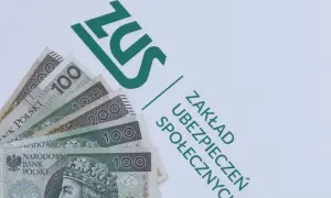 Polskie banknoty 100 zł i 200 zł na tle logo ZUS.