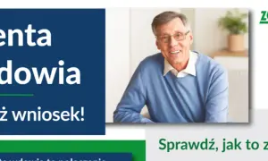 Uśmiechnięty starszy mężczyzna w okularach na tle napisu "Renta wdowia" i logo ZUS.