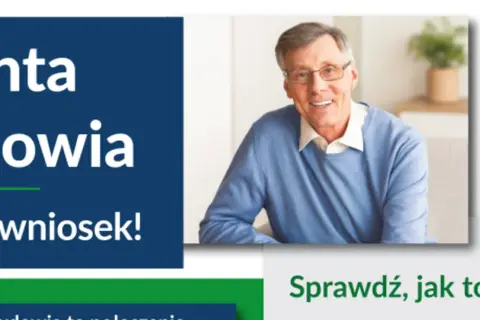 Uśmiechnięty starszy mężczyzna w okularach na tle napisu "Renta wdowia" i logo ZUS.