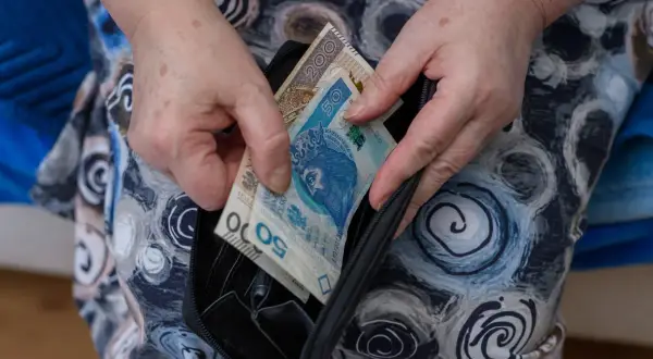 Dłonie wkładają polskie banknoty 50 i 200 zł do czarnego portfela.