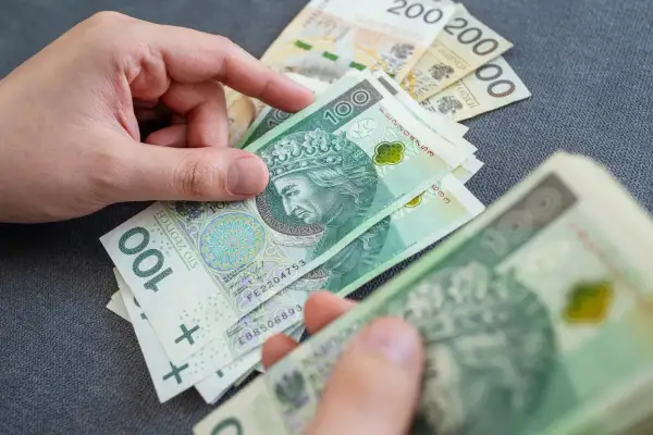 Dłoń trzyma polskie banknoty 100 zł i 200 zł.
