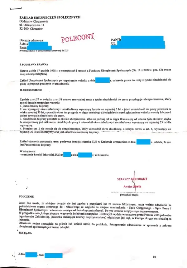 Jak wygląda decyzja ZUS o przyznaniu renty? Wzór i wyjaśnienie